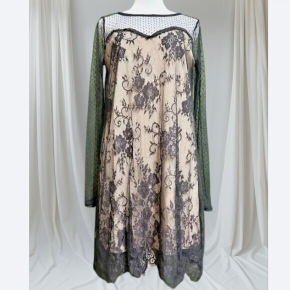 Long Sleeve Mini Dress By JANET CHUNG Lace Overlay - Picture 1 of 8